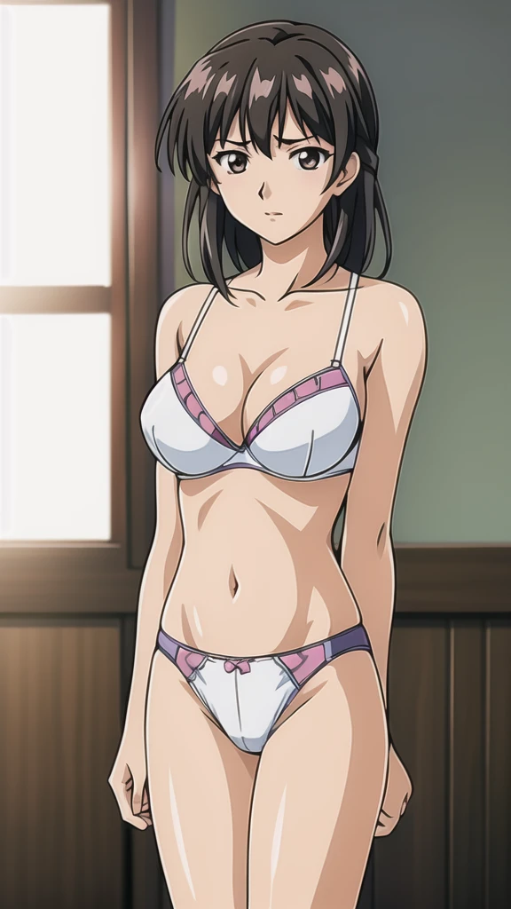 Makiko Sanita 、Age 19、 black hair、 shortcut、悲しいface、Brown Eyes 、 Full Body Style 、 normal breasts、、 narrow waist 、Bare legs、In underwear、、 upper body bra、 white bra、lower body panties ，White ribbon panties，White pumps、 Official Art, Extremely Detailed CG Unity 8k Wallpaper, full light,  colorful , bright _ Front_face_Lighting,  shiny skin, ( masterpiece:1.0),(Highest_quality:1.0), 超 Hi-Res,4K, super detailed photo shoot, 8k,  Hi-Res,  Hi-Res,  absurd:1.2,  Kodak Portra 400, film grain,  blurry background, Bokeh:1.2,  lens flare , ( lively_ color:1.2), Professional photography, Anime Images、