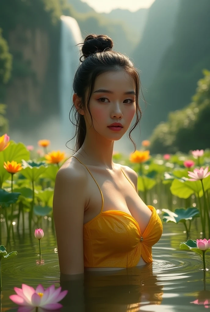 mature anime style, rain on face, cloudy sky, beautiful asian girl, off shoulder,  heavenly aura around, field of flowers, destiny watching, world is a flood, slowly I become one with the mud, cross in background, city scape,  naked, visible breasts, visible vagina