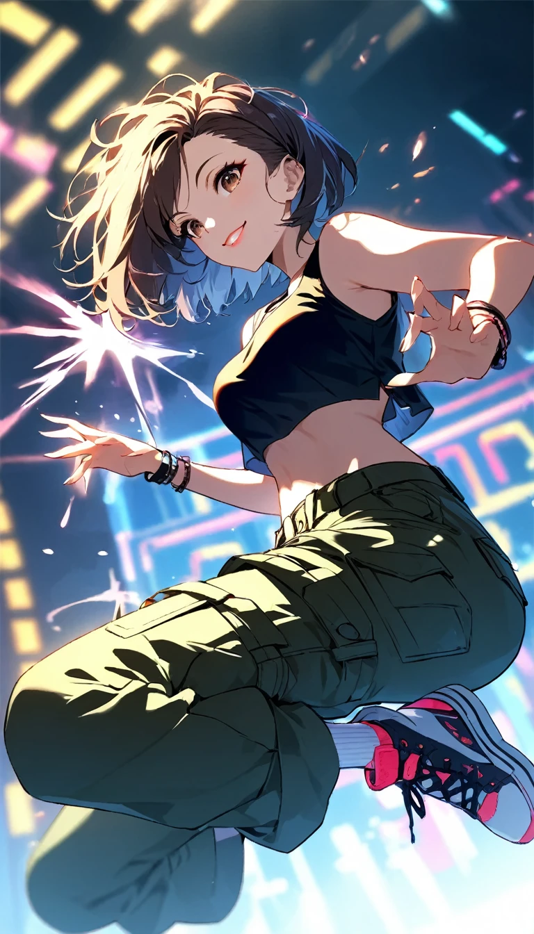 (masterpiece, best quality:1.2), bshp, A cute lady, solo, virtual idol of breakin dancer, power movements, Motion Blur, cyberpunk, bright smile, lips apart, (cyberpunk color short hair, Fluttering hair), brown eyes, breasts, (crop top, low-rise cargo pants, sneakers), atmosphere full of steam, low angle from below, professional lighting, Dynamic action scenes