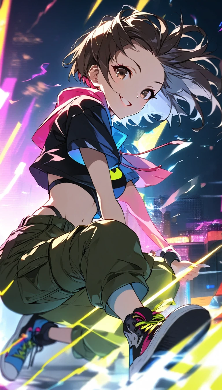 (masterpiece, best quality:1.2), bshp, A cute lady, solo, virtual idol of breakin dancer, power movements, Motion Blur, cyberpunk, bright smile, lips apart, (cyberpunk color short hair, Fluttering hair), brown eyes, breasts, (crop top, low-rise cargo pants, sneakers), atmosphere full of steam, low angle from below, professional lighting, Dynamic action scenes