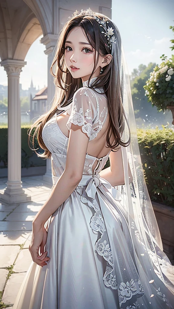 Italian girl, 25 years old, long brown hair, dressed as a wedding