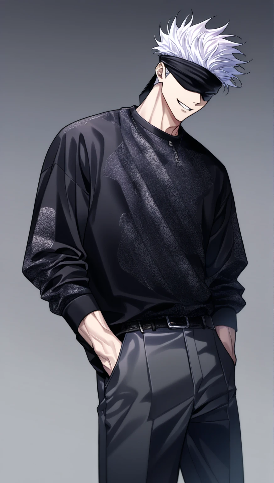 (simple background, grey background), ((full-body)), feet out the frame, standing, 1man, Gojou Satoru, Jujutsu Kaisen, smile, extremely detailed face, black blindfold, covered eyes, white hair, solo, sexy man, handsome, ((professional spring seoul streetwear, korean male fashion, black shirt and pants)), (masterpiece, best quality, HDR, absurd resolution, high resolution, ultra detailed)