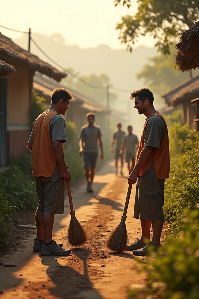 Generate me an image of 3 discreet marijuana friends cleaning land