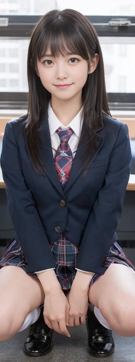  girl standing in a school classroom , red tie uniform , Dark Blue Closed Blazer , blue plaid mini skirt,,bangs, Little Smiles ,Thighs,Knee,From below， random pose， cute girl， slender girl，  Squatting Down 