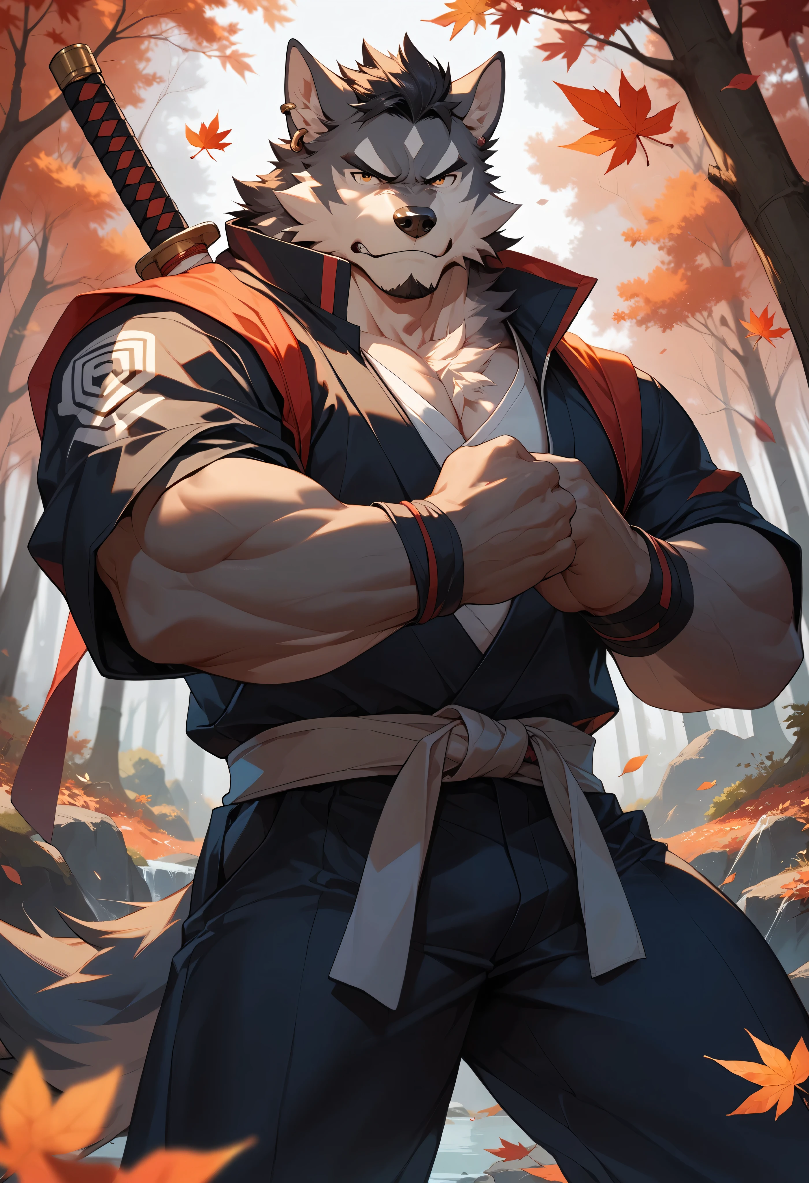 furry, furry male,male focus, tail, 1 boy (:2.1), wolf, hairy wolf, short hair, man, muscular, black hair, black skin, samurai suit, earrings, in a maple leaf forest, muscular adult male, smooth (:1.5), serious gaze (:1.6), attacking stance,Holding a Japanese-style sword in his hand,Red maple leaves