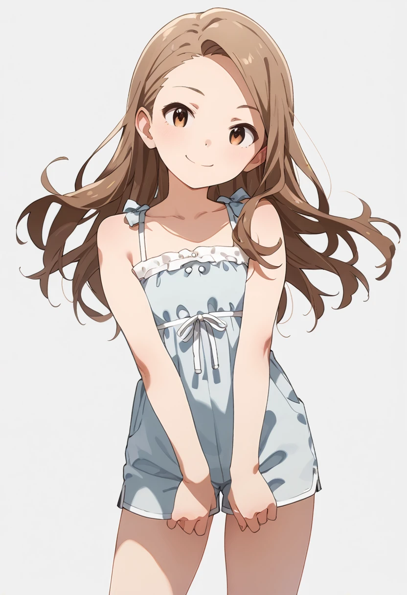 Munshior,  smaller,whole body,Long-haired,  brown hair, amount,  Brown Eyes , , flat chest, score_9,  score_8_up,  score_7_up,smile, short dresses,Light gray background