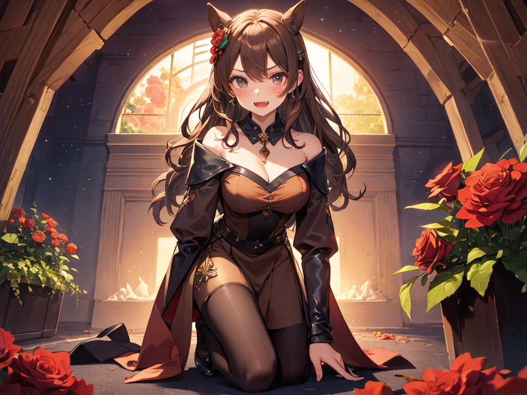 uma musuem、1 person、solo、（Woman with Horse Ears ）、（Brown clothes、Brown dress、 Brown Long Skirt ）、（Shoulder pads、Bib、 gauntlet 、Grigg ）、（ Curled Wavy Hair、 long hair）、（ is on all fours、Kneeling、 slouching forward、 chest emphasis ）、 Red Flower Hair Ornament、Lipstick Makeup、Eyeshadow makeup、 pointed ears、Exposed fangs、Muscular、Surrounded by red roses、 starry sky 、From the chest up、UHD、masterpiece、correct answer、Ultra HD、 High Quality 、prize、 High Quality 、 Hi-Res、8k