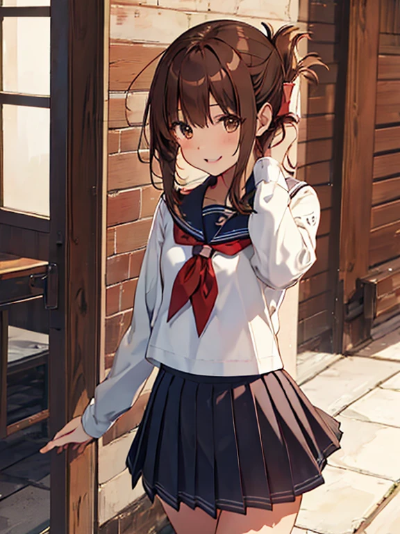 Best Quality, masterpiece,  Hi-Res, Alone, {Lightning_  Kantai Collection  :1.15}, brown_hair, folded_ ponytails, brown_eye, Seraph, length_hair, , open_mouth, smile,  one girl, anchor_symbol, black_skirt, length_sleeves,  look up _in_ viewer ,  neckerchief with shir, Pleats_skirt, red_ neckerchief with shir, Sailor_ color, School_uniform, skirt,