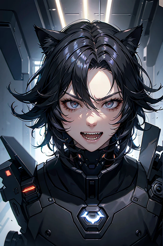 Boy, cat ears, black hair, messy hair, futuristic mask, cybernetic, sharp teeth, HD.