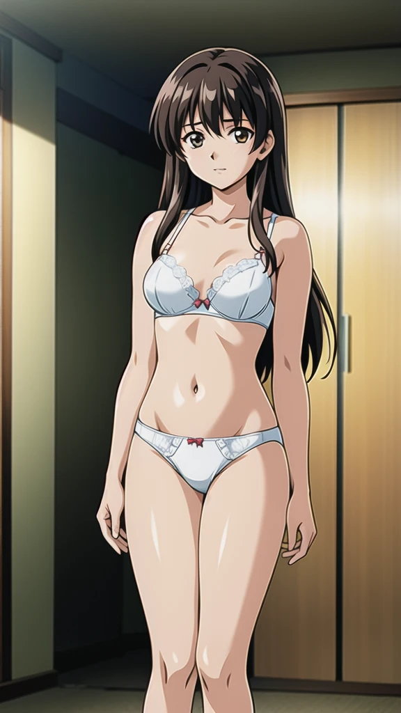 Yamagata Rika、21 years old、Brown Hair、Long Hair、、悲しいface、Brown Eyes 、 Full Body Style 、 normal breasts、、 narrow waist 、Bare legs、In underwear、、 upper body bra、 white bra、lower body panties ，White ribbon panties，White pumps、 Official Art, Extremely Detailed CG Unity 8k Wallpaper, full light,  colorful , bright _ Front_face_Lighting,  shiny skin, ( masterpiece:1.0),(Highest_quality:1.0), 超 Hi-Res,4K, super detailed photo shoot, 8k,  Hi-Res,  Hi-Res,  absurd:1.2,  Kodak Portra 400, film grain,  blurry background, Bokeh:1.2,  lens flare , ( lively_ color:1.2), Professional photography, Anime Images、