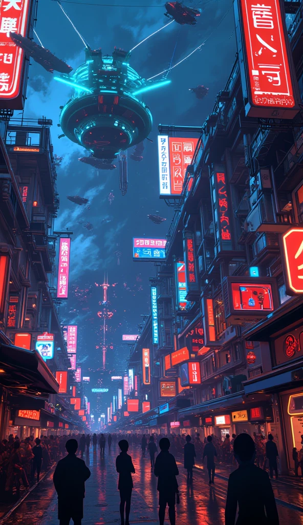 a futuristic ancient japanese city, neon lights at night, dark alien planet, detailed buildings, dramatic lighting, photorealistic, 8k, hyper detailed, cinematic composition, vibrant neon colors, dramatic shadows, moody atmosphere, intricate architectural details, glowing neon signs, flying vehicles, advanced technology, science fiction, concept art style,nlgtstyle, anime art 