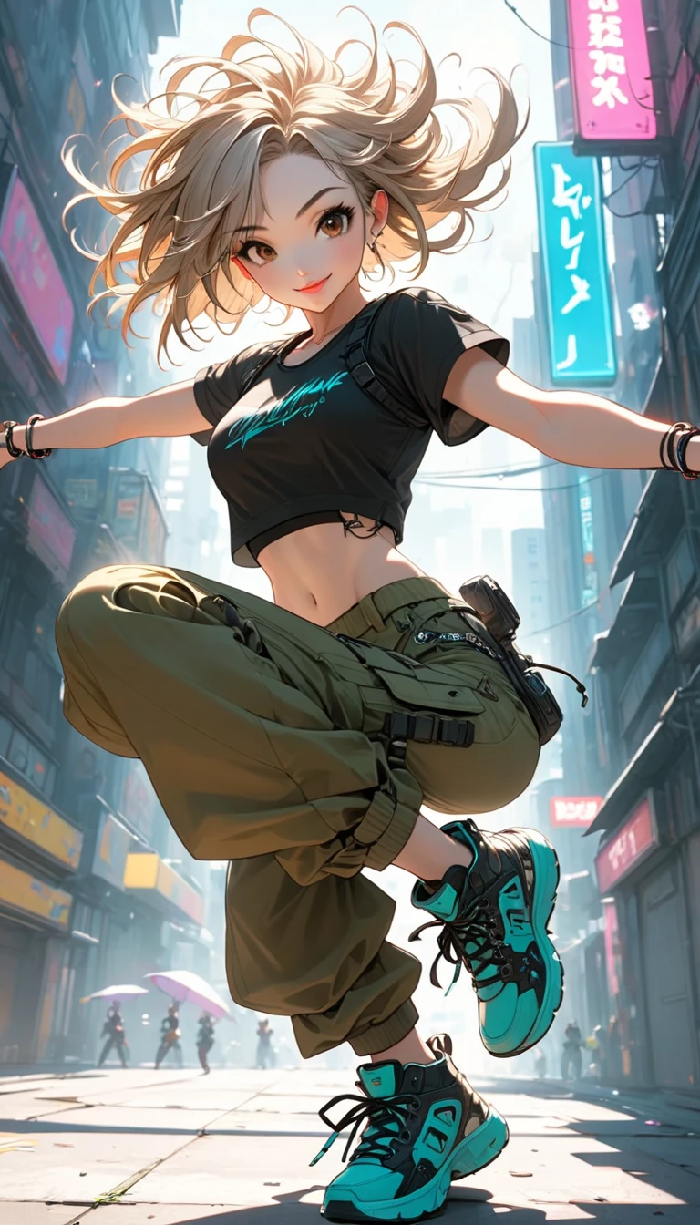 (masterpiece, best quality:1.2), bshp, A cute lady, solo, virtual idol of breakin dancer, power movements, Motion Blur, cyberpunk, bright smile, lips apart, (cyberpunk color short hair, Fluttering hair), brown eyes, breasts, (crop top, low-rise cargo pants, sneakers), atmosphere full of steam, low angle from below, professional lighting, Dynamic action scenes