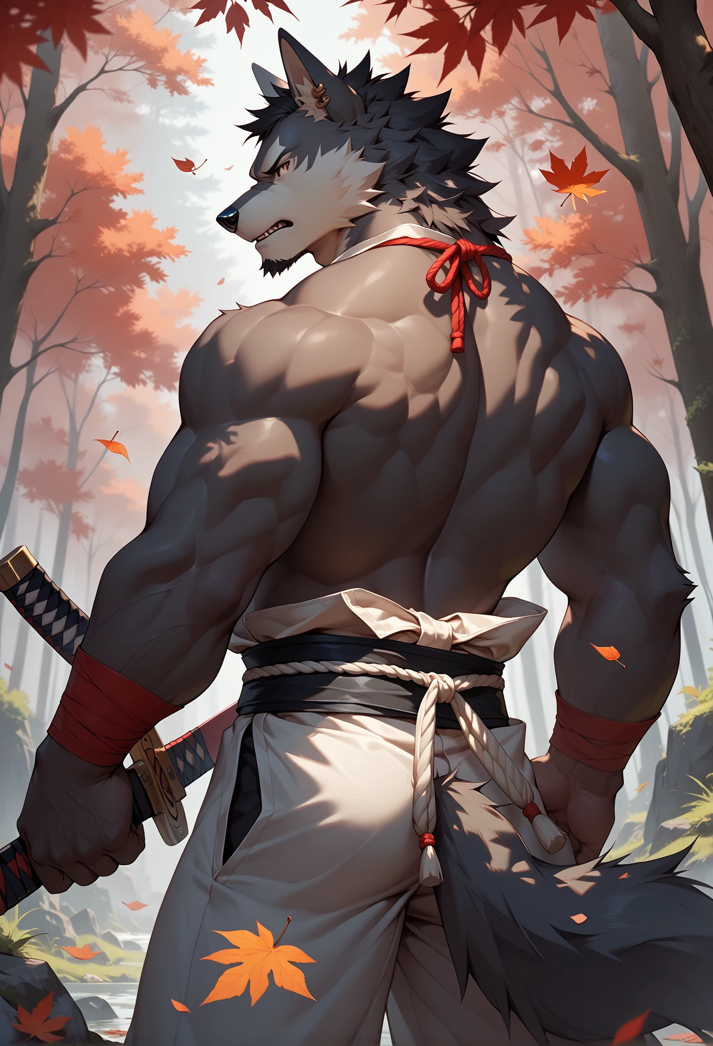 furry, furry male,male focus, tail, 1 boy (:2.1), wolf, hairy wolf, short hair, man, muscular, black hair, black skin, samurai suit, earrings, in a maple leaf forest, muscular adult male, smooth (:1.5), serious gaze (:1.6), attacking stance，Holding a Japanese-style sword in his hand，Red maple leaves，With their backs to