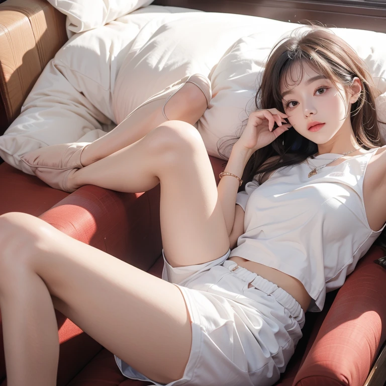 Woman lying down and sleeping、White shorts