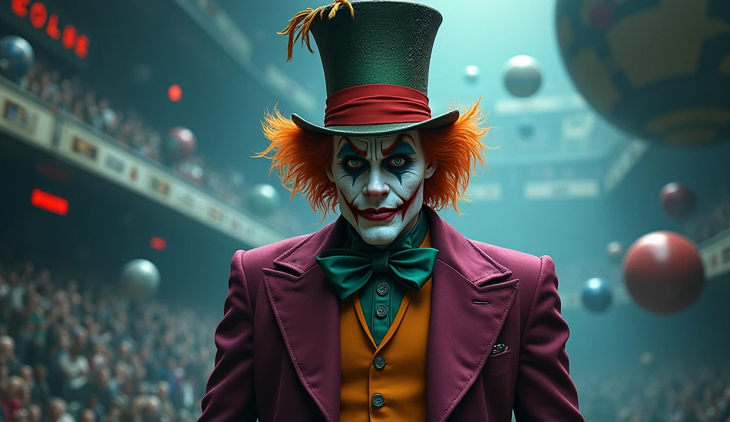 A gothic steampunk clown with dark, mechanical makeup, green steamy smoke rising from his face, and Victorian attire. The background is a dark, industrial city.