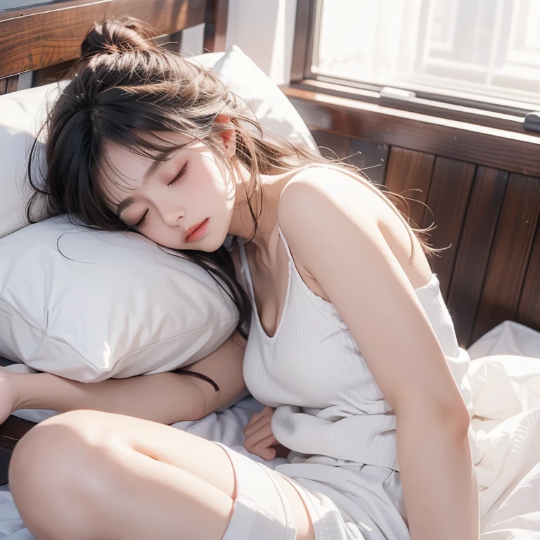 Woman lying down and sleeping、Eyes closed、 white camisole、White shorts