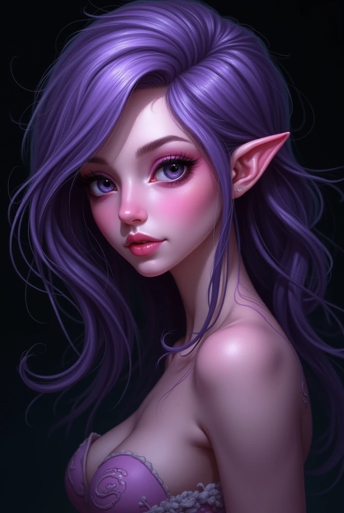 ((Best quality, masterpiece, 4k, best anatomy)), cute girl, (violet hair), ((very long curly hair)), perfect face, (yellow eyes), ((naked)), ((flat breasts)), ((21 years old)), skindentation, extreme detail, attractive angular face, red lips, pink nipples, glossy skin, detailed hair, face focus, close-up chest, ornamental gold necklace, gold earrings, ((1 girl)), embarrassed expression, elf ears, innocent smile, (()), ((slender)),