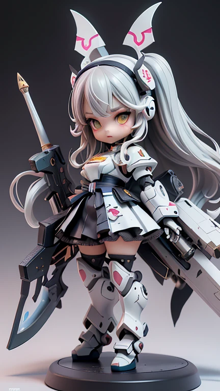 (highest quality)), ((masterpiece)), (very detailed: 1.3), 3D, {(young girl)}, wear gothic lolita clothes with white frills, (She is fused with futuristic Gundam mecha), with headgear, with v-fin , armored shoulders,armored under arms, armored under legs, multilayer textureperfect proportions, octane rendering, duotone lighting, Low ISO, wide aperture, White balance, Rule of thirds, ultra HD16k, HDR (High Dynamic Range), Ray Tracing, NVIDIA RTX, Super Resolution, Subsurface Scattering, PBR Texturing, Post Processing, Anisotropic Filtering, Depth of Field, Maximum Clarity and Clarity, High efficiency subpixel, subpixel convolution, particles of light, light scattered, Tyndall effect, full body:1.5, battle pose, cute, (cute:1.2), (bob cut:1.3),三つ編み, 黒髪, 太い眉毛, 薄い色の虹彩, 大きくて輝いている黒い瞳, 長いまつげ, 小さく薄い色の自然な唇, (Average face of Japanese idols), (日本人特有の童顔:1.3), (baby face), 広いおでこ:1.2, ふっくらした頬, 小さな顎, visible side boob, (holding a huge weapon:1.5), in the hangar,looking at viewer,Focus on the eyes , (完璧な4本の指, 親指1本),