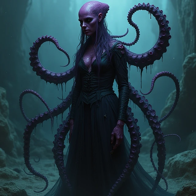 a cthulhu girl, beautiful detailed eyes, beautiful detailed lips, extremely detailed face and features, long tentacles, deep sea creature, dark fantasy, mythical, eldritch, occult, horror, dark moody atmosphere, dramatic lighting, cinematic, chiaroscuro, muted colors, deep blues and greens, masterpiece, best quality, 8k, highres, photorealistic, cinematic lighting, dramatic shadows