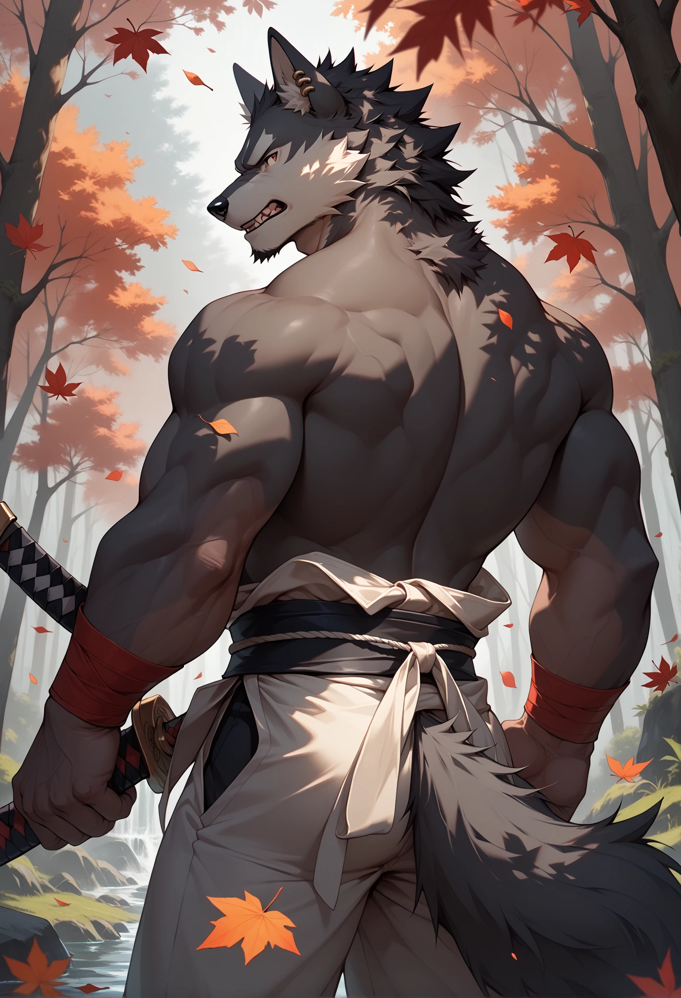 furry, furry male,male focus, tail, 1 boy (:2.1), wolf, hairy wolf, short hair, man, muscular, black hair, black skin, samurai suit, earrings, in a maple leaf forest, muscular adult male, smooth (:1.5), serious gaze (:1.6), attacking stance，Holding a Japanese-style sword in his hand，Red maple leaves，With their backs to，Remove excess shanks