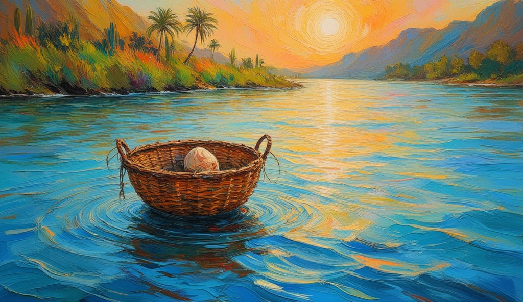 the spectacular impressionist-style painting with vibrant brushstrokes of a small wicker basket with a bundle inside that floats along the Nile