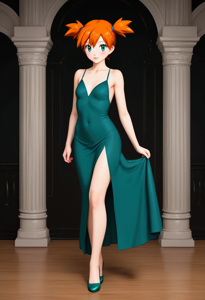 Full-body shot, Young misty from Pokémon in a seductive pose, twin tails, sexy green tight mini shoulder free dress