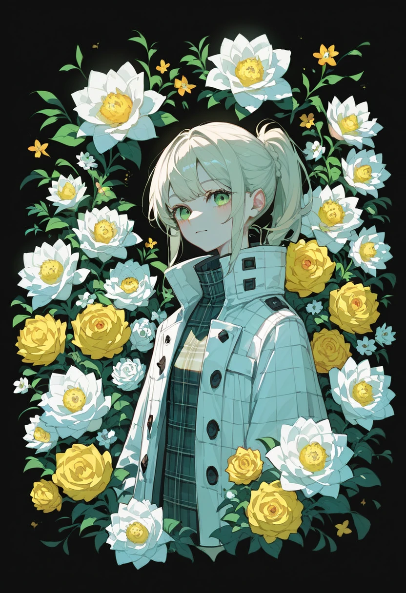 1 Girl，White oblique ponytail ， green eyes， white trench coat ，Silhouette， black background， colorful flowers ，safflower，White Flowers，yellow flower， a checkered plaid，ripple
