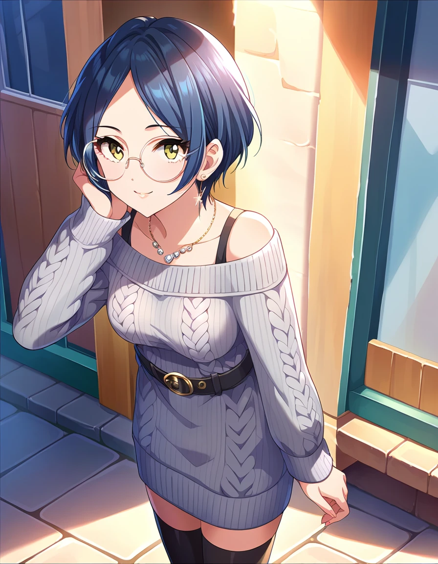 score_9, score_8_up, score_7_up, source_anime,
1girl, beautiful female, solo, fov, dating, looking at viewer, from above, smile, hand on own cheek,  outdoors, street, building, boutique, display window, day, blue sky, sunlight, 
 hymknd, short hair, blue hair, parted bangs, medium breasts, yellow eyes,
lipstic, detailed eyes, eyelashes, eyeliner, jewelry, necklace, bracelet, earrings, 
casual doress, 
round eyewear, 
sweater dress, off-shoulder sweater, grey sweater, bare shoulders, off shoulder,  long sleeves, sleeves past wrists, belt, black thighhighs, zettai ryouiki,