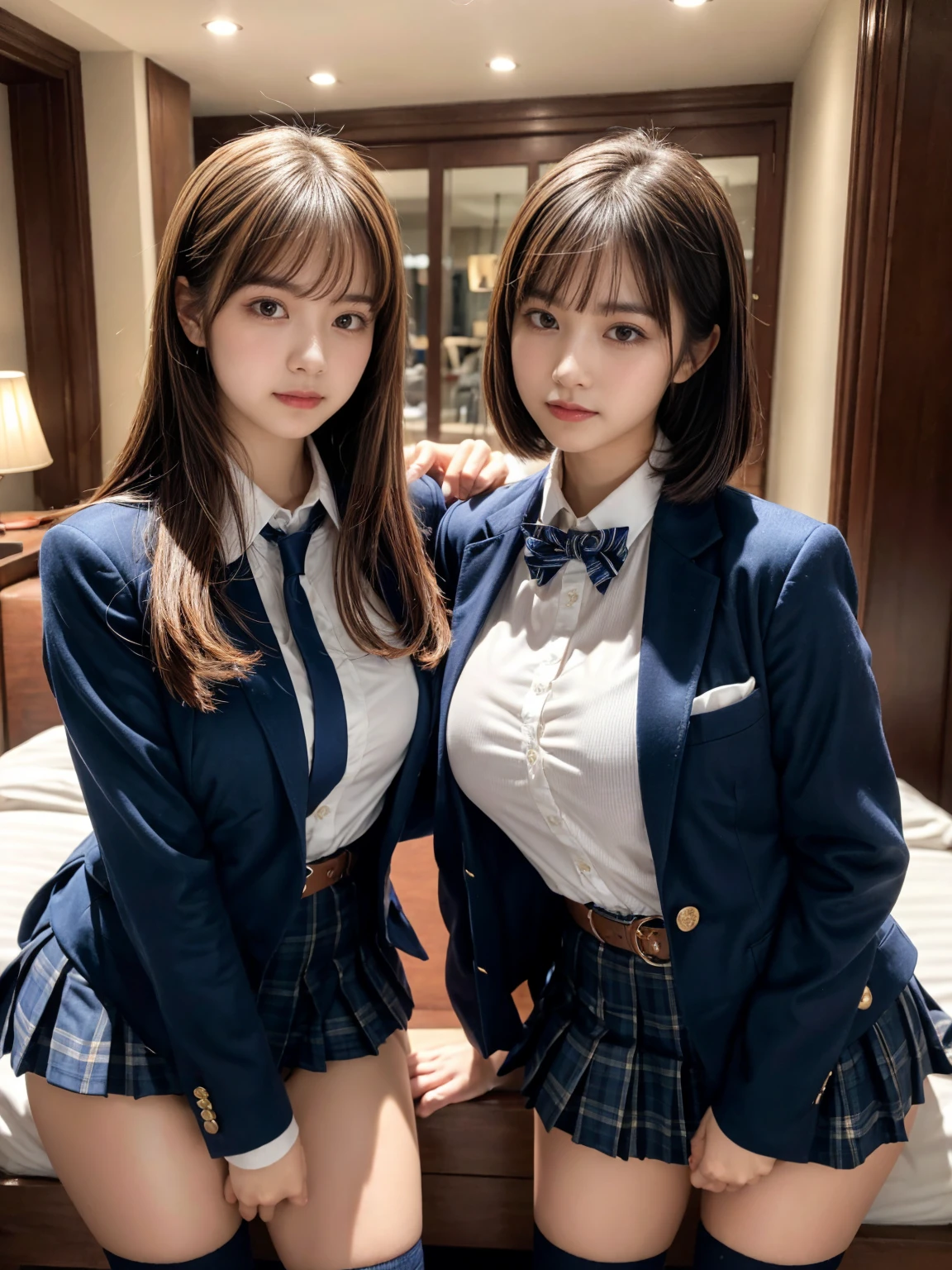 2 girls standing near window in school classroom,blue blazer over white shirt,red bow tie,blue speedo briefs,white over-the-knee socks,18-year-old,bangs,a little smile,thighs,knees,short hair and pigtails with barrete,from below,front light