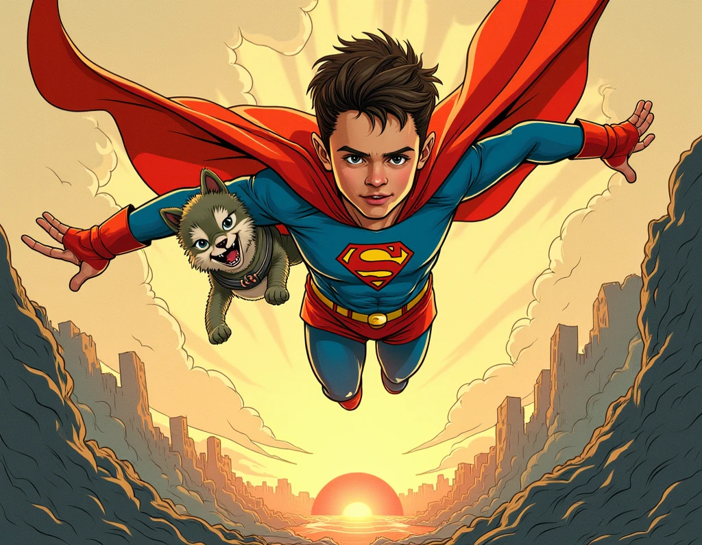 Old superhero comic book cover. A child is a superhero with his dog, a superhero Bulldog. Flying in a blue sky and below them both the city.