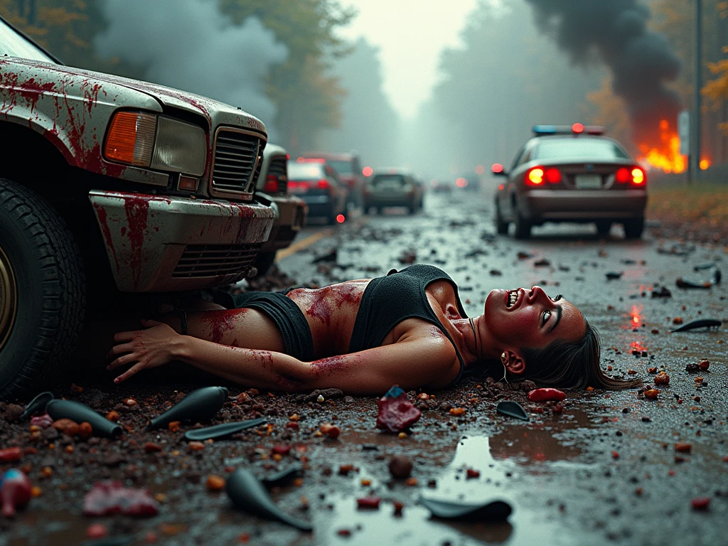 realistic and detailed image of a beautiful dead woman, dark and tanned skin, 20 years old, bloodied in a car seat and trapped in the wreckage, eyes rolled in sockets, mouth open, victim of a car accident