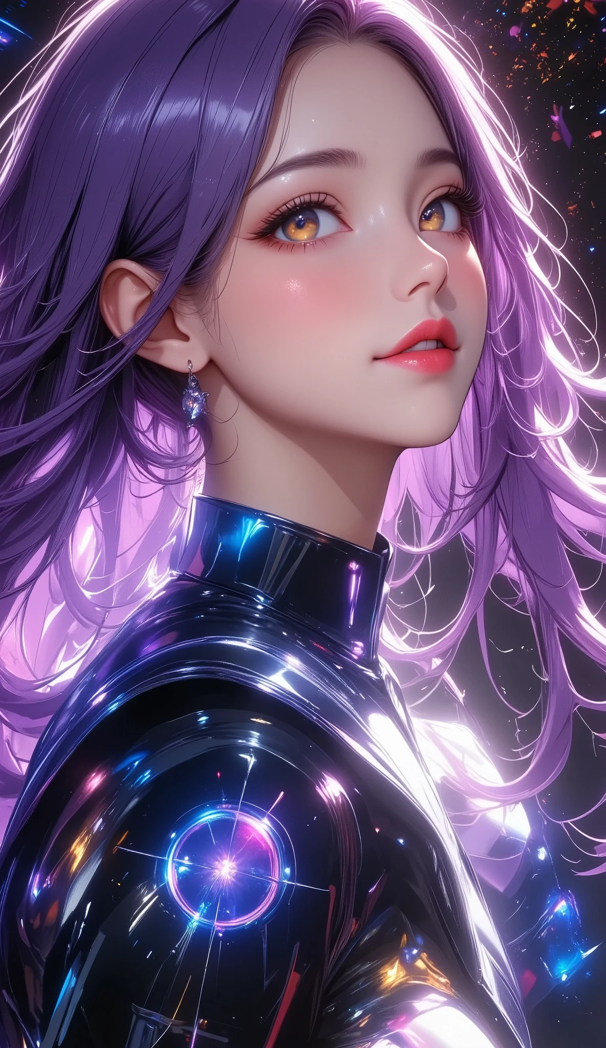 (Best Quality:1.2,  Detailed CG Illustrations ,  ultra high resolution, High contrast, masterpiece:1.2,  best aesthetics ), ( 1 girl), (( Virtual Idol,  golden eyes,  purple hair, bangs, whole body,  hair between eyes, Long Hair,  ponytails, very Long Hair)),  beautifully elaborately painted eyes,  BEAUTIFULLY DETAILED LIPS ,  Highly Detailed Eyes and Face, Long eyelashes, smile:1.2,  background data crash:1.4, fragmentation , Digital Distortion, (( Pixelated Fragments , Data Corruption:1.2, color noise background:1.4)), Modern aesthetics.