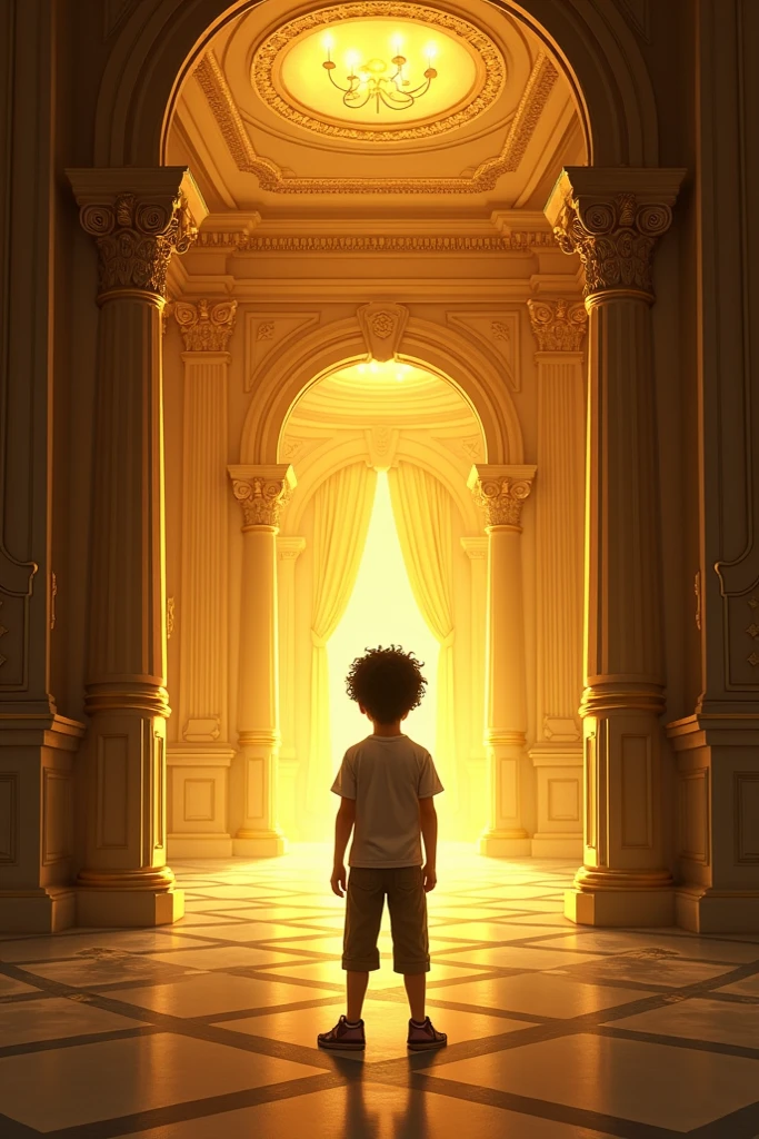 A 15 year old boy in front of a golden door