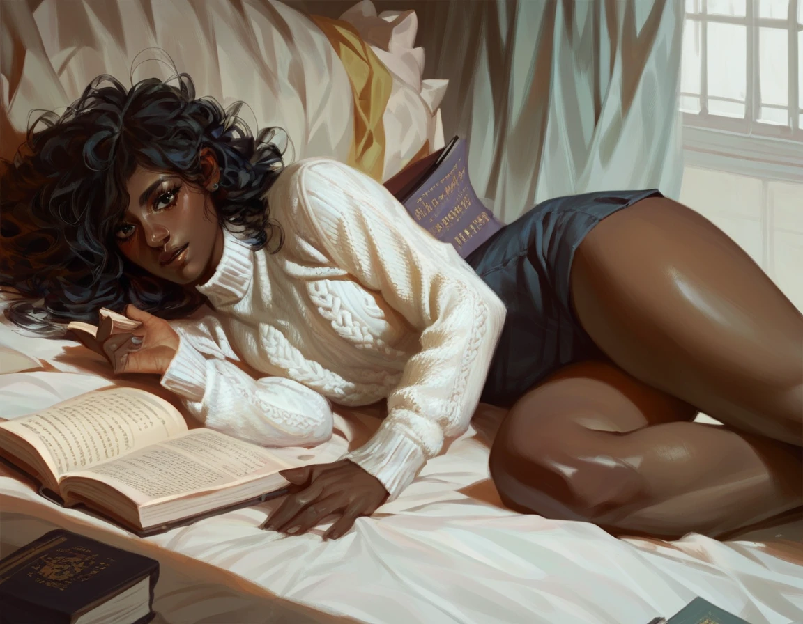 Dark skinned woman. Wearing White sweater. Long messy hair. Lying in bed reading a book