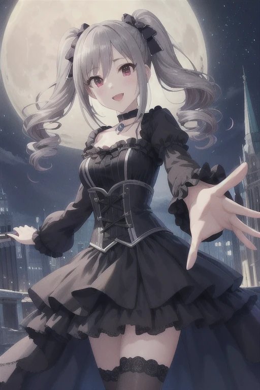 masterpiece, Best Quality,  Hi-Res, Arlanco, Long Hair,  twin tails,  twin drill ,  hair bow,  medium breasts,  choker,  clevis, frills, gothic,  dress,  Long Sleeve ,  reaching out , smile,  open your mouth ,   knight , city,  Cowboy Shooting, moon,   knight 