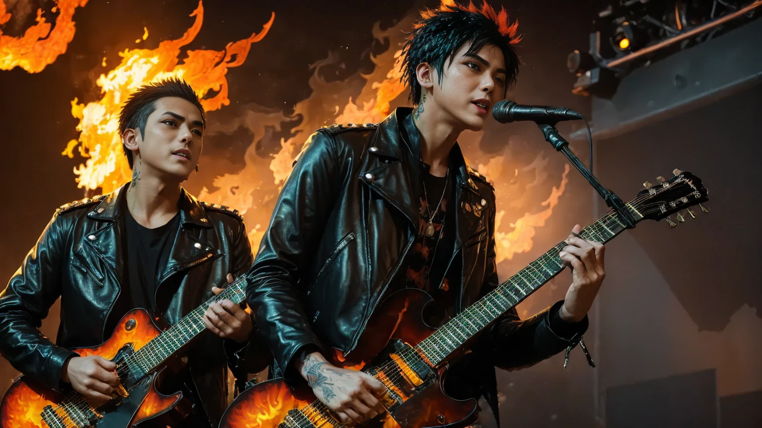 (((Flame Background:1.4))) super realistic and super detailed Iron Maiden style full pillar of fire、 A realistic picture of LOVEHIROHITO 、 8 teenage band members who love death metal fanatics 。Hitler playing electric guitar 、 Che Guevara playing electric guitar 、A realistic photo of LOVEHIROHITO's portrait 。 Portrait of LOVEHIROHITO with microphone in right hand 、 みんなteeth大胆な爆発炎上の前に立っている, Flame Background 。 teeth、 represents a lively and exciting moment playing your favorite death metal song at a music festival。Man spreading message of love and peace 、Microphone in right hand、(( They're posing with their left hand held high ))、  old male vocalist holding microphone in right hand 、Electric guitar on shoulder、Wearing black leather jacket、 Black sleek short hair、 beautiful skin 、Explosive performance background、(Best Quality,4K,8k,masterpiece:1.2),Super detailed,(Realistic,photoRealistic,photo-Realistic:1.37),  gothic punk rock  ,Cool guy, charming eyes ,Strong expression,  black leather jacket and pants  ,Spiked accessories, It represents a vibrant and exciting moment of  ,  energetic stage performance,  dramatic stage lighting  ,  brightly colored Mohawk  ,Bold tattoos, Awesome guitar solo , ファンteeth歓声を上げジャンプする ,  Electric Atmosphere  , Metallic and grunge texture ,  edgy rebellious vibe  ,  punk rock attitude ,  powerful and dynamic poses  ,  midnight city skyline silhouette  ,  and crash surfing  ,  vibrant concert audience  , Pulsing music beat ,Shining neon lights,  expressive body language  ,  adrenaline full energy  ,  Passionate Performance  ,  roaring voice  ,Headbanging,  and crash surfing  .