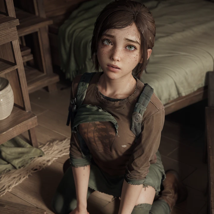  High resolution,  masterpiece ,  Anatomically correct ,  a girl, Alone, Ellie Williams, the Last of Us, short brown hair,  green eyes, detailed face,  turtleneck dress or brown t-shirt ,  with 2 pale yellow palm tree logos, room with vegetation ,  Big breasts ,  seen from above , torn clothes,  hand on the chest, kneeling