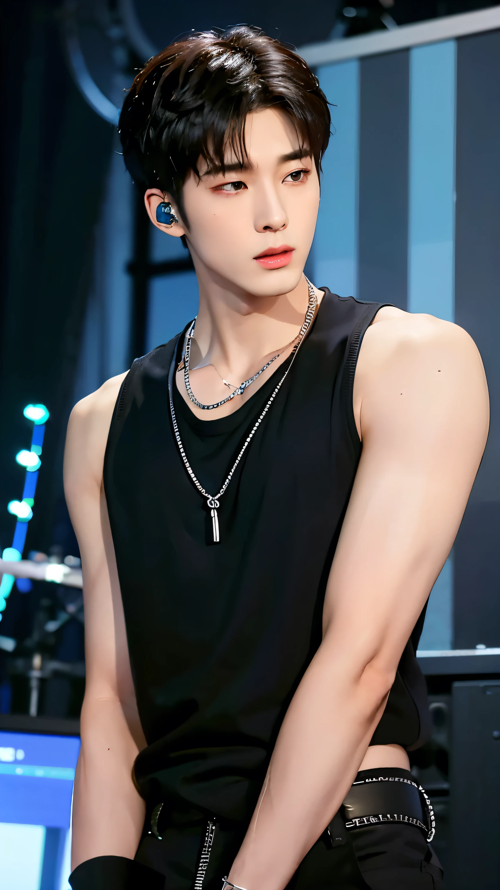 Wonoo Seventeen ,A close-up shot of a handsome Korean male singer adjusting his microphone and putting on studio headphones, looking focused and ready to perform. He is wearing all black low-cut tank top and Low-waisted tight pants, and a silver chain around his neck, subtly revealing his physique. The lighting is dim and intimate, creating a serious and concentrated atmosphere. The style is realistic and cinematic, with soft, low-contrast tones to convey the quiet tension before his performance