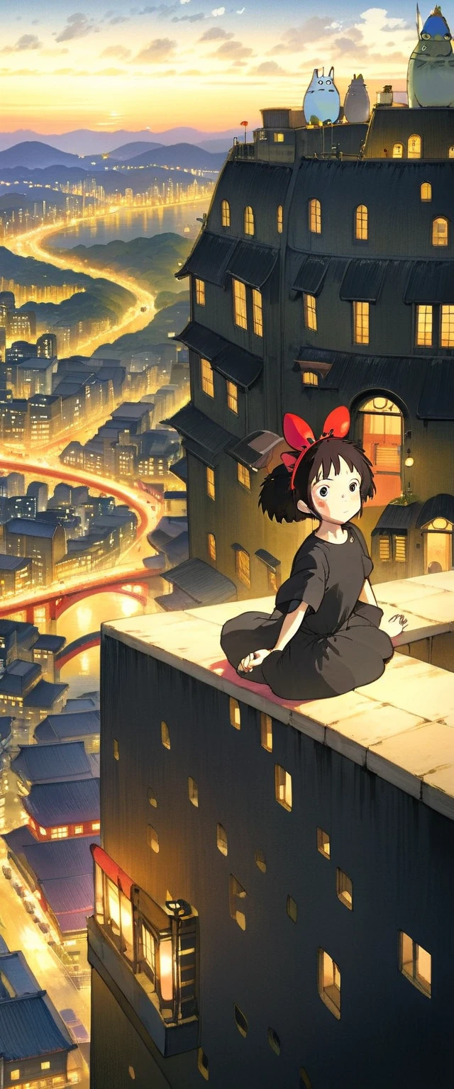  Girl dressed in black sitting at the edge of a skyscraper,   studio Ghibli  ,Kiki,kiki, cityscape,  super high image quality ,8k,Spectacular views,evening, Detailed Illustration ,  Official Art, Cute style, Graceful Movement, Composed, High-resolution wallpapers,motion blur,