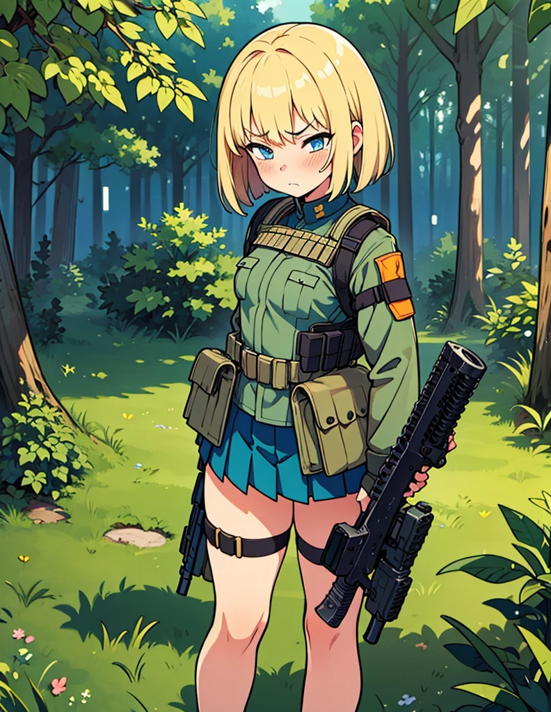 1 girl, shortcut, Blonde, blue eyes, Bob Hair, Blushing , frowns, Awkward, metallic dark green camouflage military uniform, mini skirt, Very Small Breasts ,Background forest, wide angle shot ,I'm wearing a plate carrier, assault rifle ,Too much exposure,Body Armor