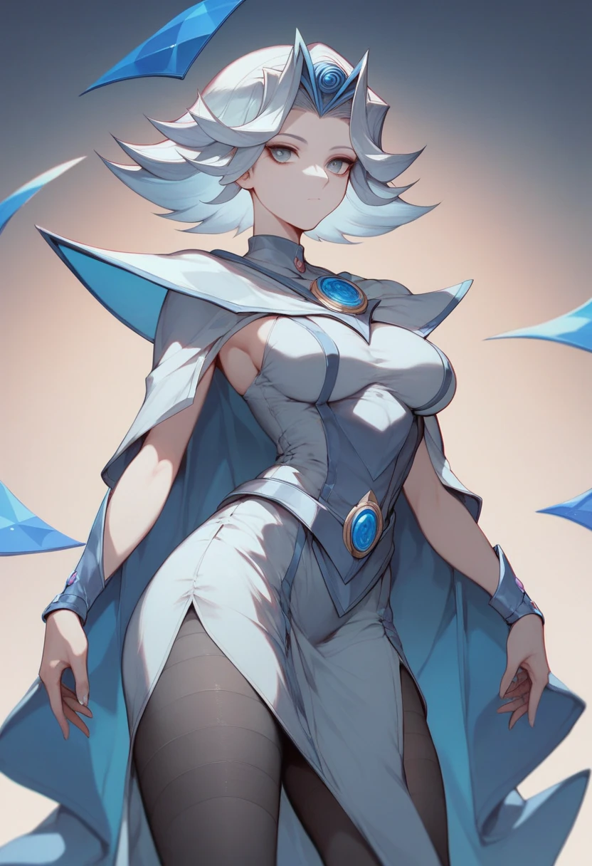 Silent magician, nude, (( desnuda,abdomen grande, abdomen colgado, panza)), (vientre colgando), long hair, cabello blanco, curvy body, gigantic sagging breast, aplastar tetas, duel monster, muslos gordos , muslos apretados, (fishnet:1.2), pantyhose, Fishnets, fishnets,micro shorts,shorts, red crop top, Iparuputsua.