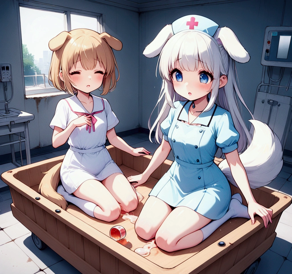 Young appearance, Dog ears dog tail , Anime Two Beautiful Girls , Futanari,  erect penis inside a wooden car, Hospital ruins, operating room, operating table, Doctor play,  daughter in a miniskirt nurse costume ,  daughter made to sleep on a diaper spread out on the bed, Diaper Play , enemaしている, enema, enema薬,  Excretion Play , transformation,  lesbian sex, A look of shame