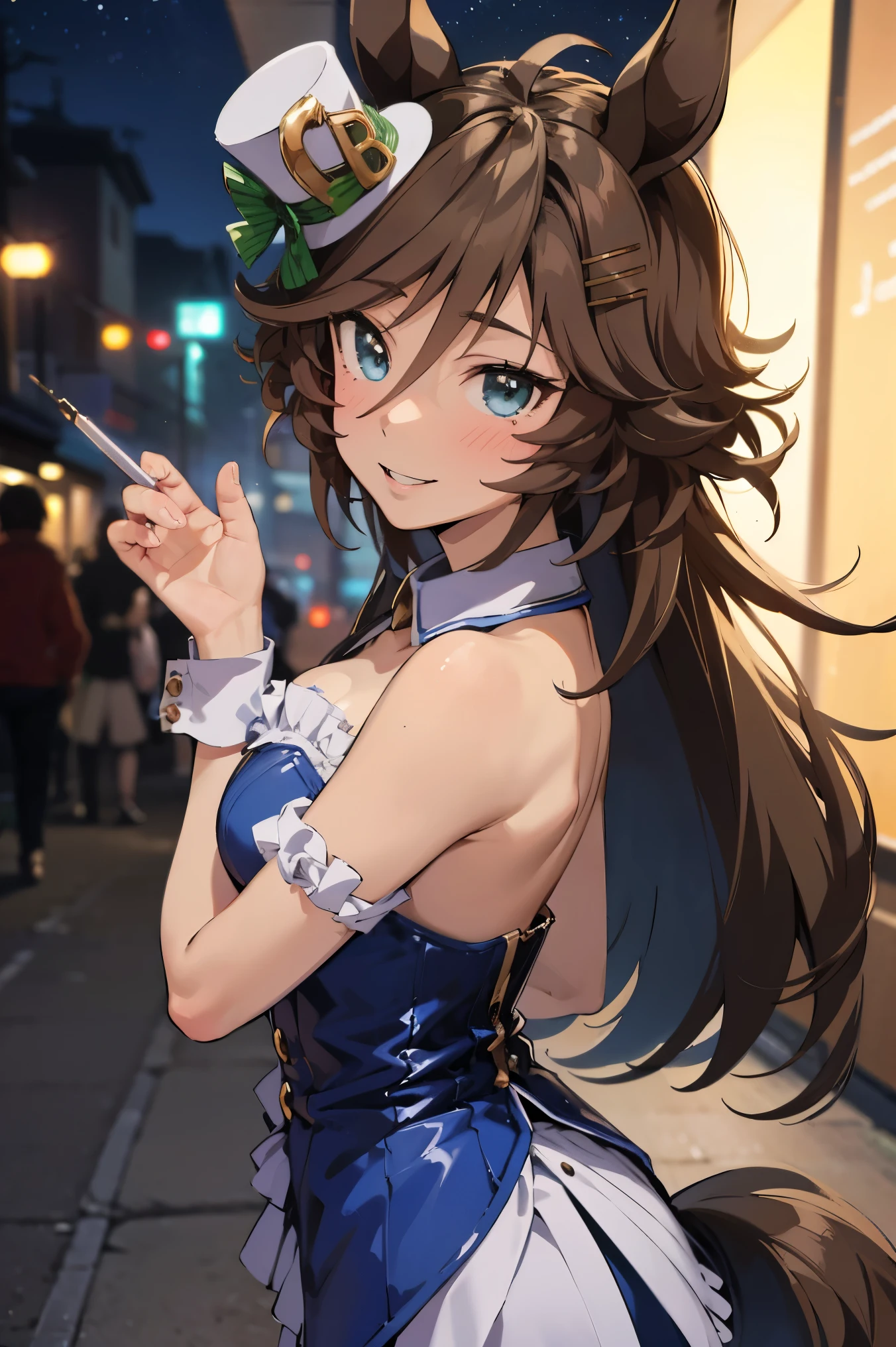 NSFW,masterpiece,Best Quality, Hi-Res, very detailed,mr. c.b. \(Uma Musume\),(Prostitute:1.5),High-quality dress,Embarrassed,blush,smile,Nightlife,Back alley at night