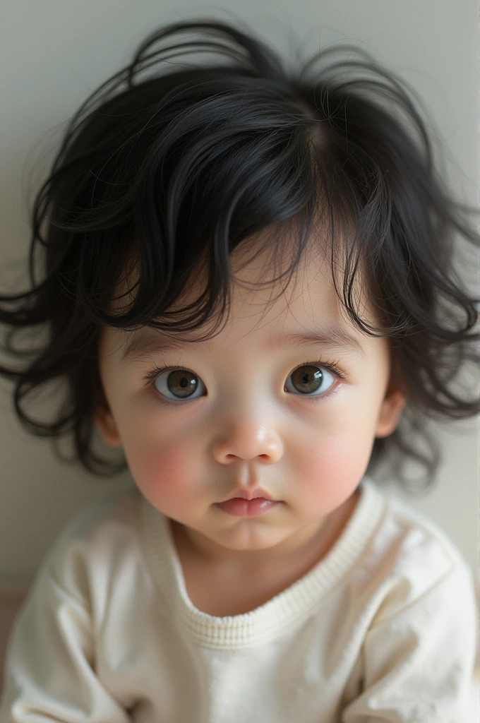 There is a with black hair and a white shirt, Beautiful cute, His hair is messy and wild, wan adorable korean face, Big hair, Crazy Hair, his hair is messy and unkempt, she has a cute expressive face, Cute beautiful, Wild hairstyle, fluffy hair, Realistic incredible hair, boy has short black hair, Flowing huge hair