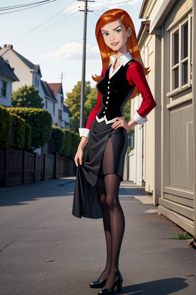 ((Gwen Tennyson, red top, long sleeved top, no buttons on top, white shirt, black skirt, black pantyhose, black shoes, Standing in a street, one hand on her hip, looking at the viewer, smiling:1.6)), ((masterpiece)), ((best quality)), (ultra-detailed), ((extremely detailed cg)), (perfect lighting), ((8k)), (dynamic angle), (sharp image), depth of field, rich in details and textures, dynamic angle, dynamic pose, artistic, cool, memorable masterpieces, (masterpiece:1.2), (best quality:1.2), 1girl, Gwen Tennyson, orange hair, long hair, green eyes, blue and white outfit, shirt, skirt, pantyhose, shoes, red and white outfit, shirt, skirt, pantyhose, shoes, red and black outfit, vest, pants, shoes, white dress, strapless dress, white high heels,perfect full body composition,well tonned