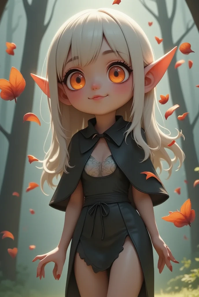 1girl\(devil,cute,big eyes,white skin,pale skin,evil smile,long nail,orange eyes,looking down,wearing capelet\(big,long,Tattered\), backlit,full body\),refreshing mood,petals\(colorful,beautiful,in the air\),many dead trees, in the forest,close-up shot of girl, beautiful moon