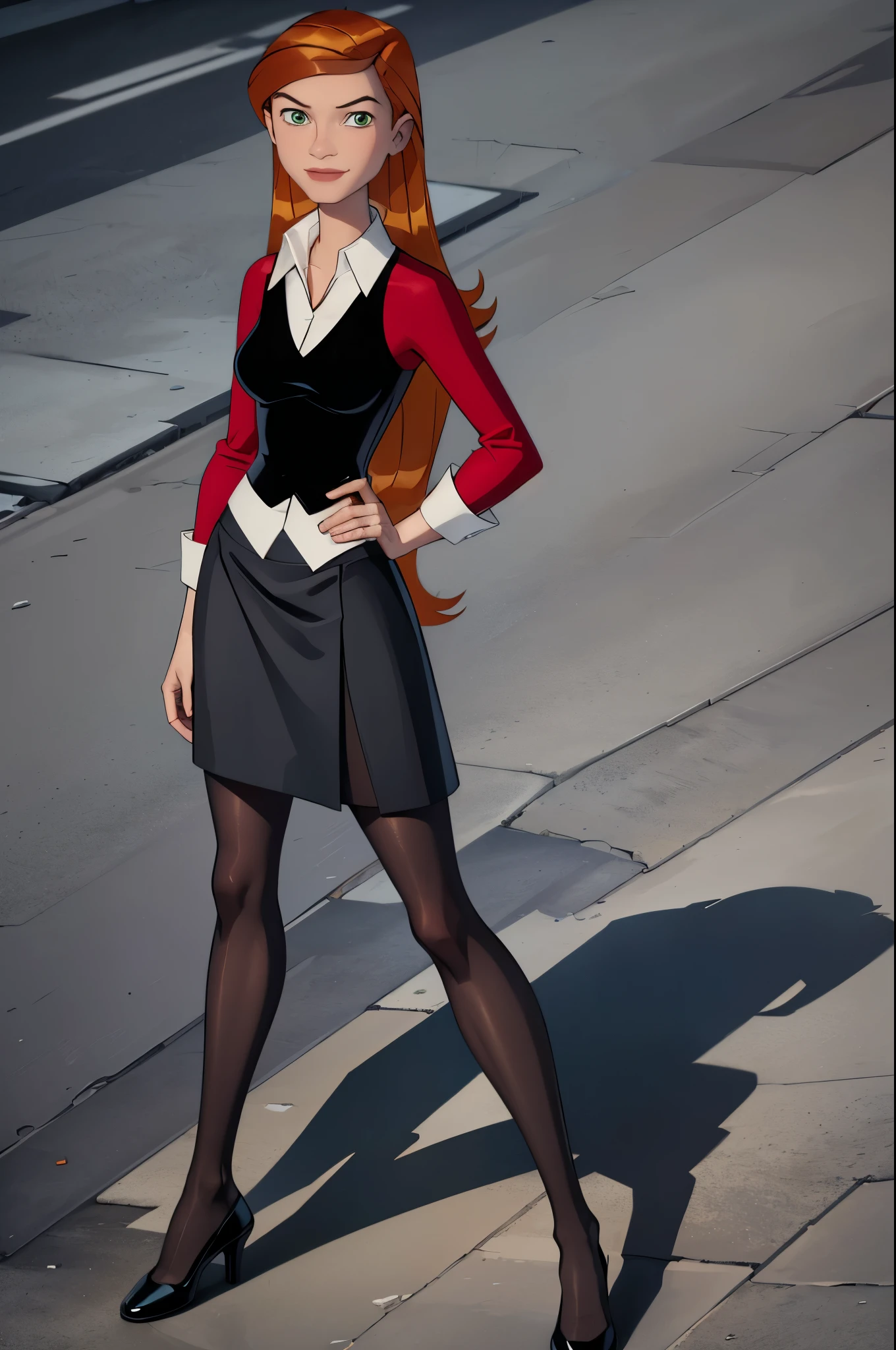 ((Gwen Tennyson, red top, long sleeved top, no buttons on top, white shirt, black skirt, black pantyhose, black shoes, Standing in a street, one hand on her hip, looking at the viewer, smiling:1.6)), ((masterpiece)), ((best quality)), (ultra-detailed), ((extremely detailed cg)), (perfect lighting), ((8k)), (dynamic angle), (sharp image), depth of field, rich in details and textures, dynamic angle, dynamic pose, artistic, cool, memorable masterpieces, (masterpiece:1.2), (best quality:1.2), 1girl, Gwen Tennyson, orange hair, long hair, green eyes, blue and white outfit, shirt, skirt, pantyhose, shoes, red and white outfit, shirt, skirt, pantyhose, shoes, red and black outfit, vest, pants, shoes, white dress, strapless dress, white high heels,perfect full body composition,well tonned