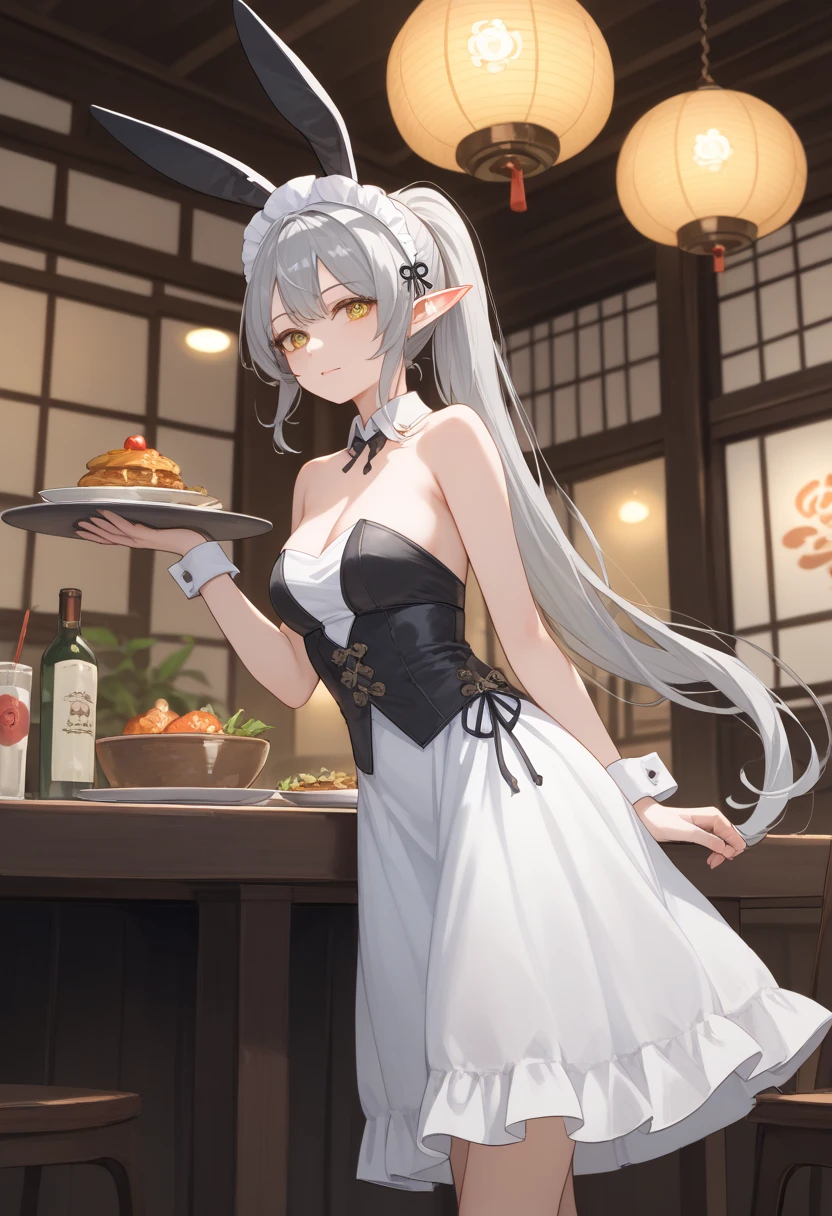  masterpiece ,Best Quality, 8k,  By Insanely Detailed and Complex  ,   Vivid Watercolor-Style Anime Pictures   ,Best Quality ,Grey Hair,   golden eyes  ,  Ponytail Elf  ,  The Face of Japan ,20 years old,  Black Rabbit Headdress, Enamel Swimdress  ,  Strapless  ,White cuffs,  restaurant ,White collar,  standing ,