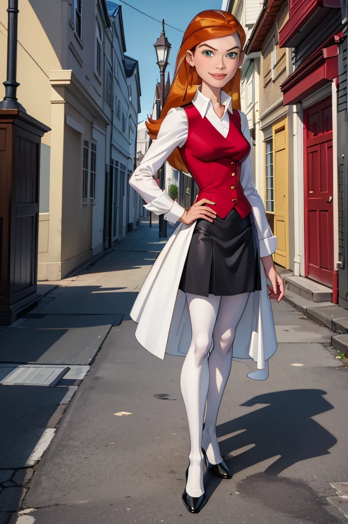 ((Gwen Tennyson, red top, long sleeved top, no buttons on top, white shirt, black pantyhose, black shoes, Standing in a street, one hand on her hip, looking at the viewer, smiling:1.6)), ((masterpiece)), ((best quality)), (ultra-detailed), ((extremely detailed cg)), (perfect lighting), ((8k)), (dynamic angle), (sharp image), depth of field, rich in details and textures, dynamic angle, dynamic pose, artistic, cool, memorable masterpieces, (masterpiece:1.2), (best quality:1.2), 1girl, Gwen Tennyson, orange hair, long hair, green eyes, blue and white outfit, shirt, skirt, pantyhose, shoes, red and white outfit, shirt, skirt, pantyhose, shoes, red and black outfit, vest, pants, shoes, white dress, strapless dress, white high heels,perfect full body composition,well tonned