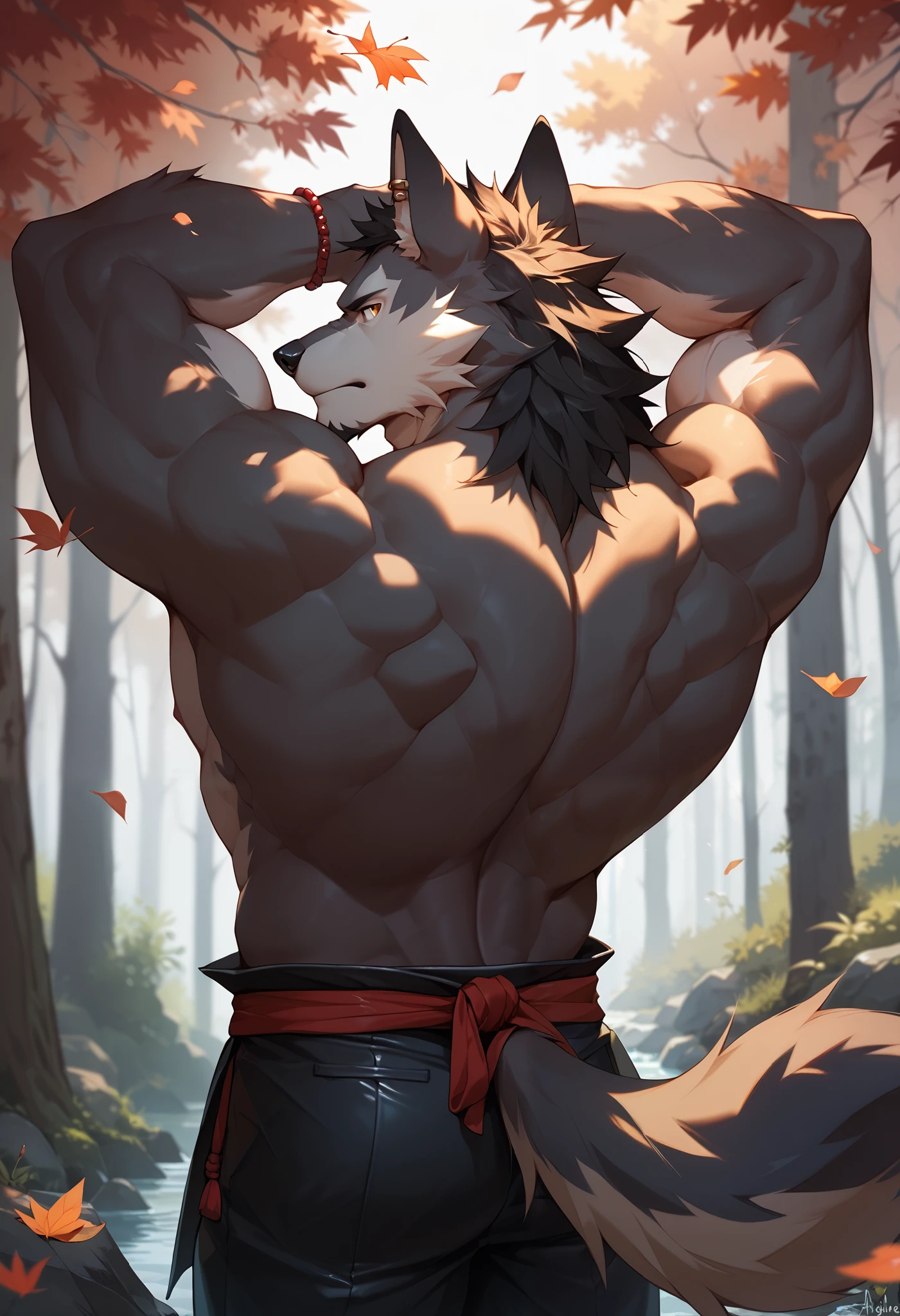 furry, furry male, male focus, tail, 1 boy (:2.1), wolf, hairy wolf, short haired, man, muscular, black hair, black skin, Black samurai pants, earrings, red maple leaf, woods, muscular adult male, smooth (:1.5), serious gaze (:1.6),With their backs to,Raise a hand,perspire,Next to the spring,Exposed armpits,Strong back muscles,No axillary hair